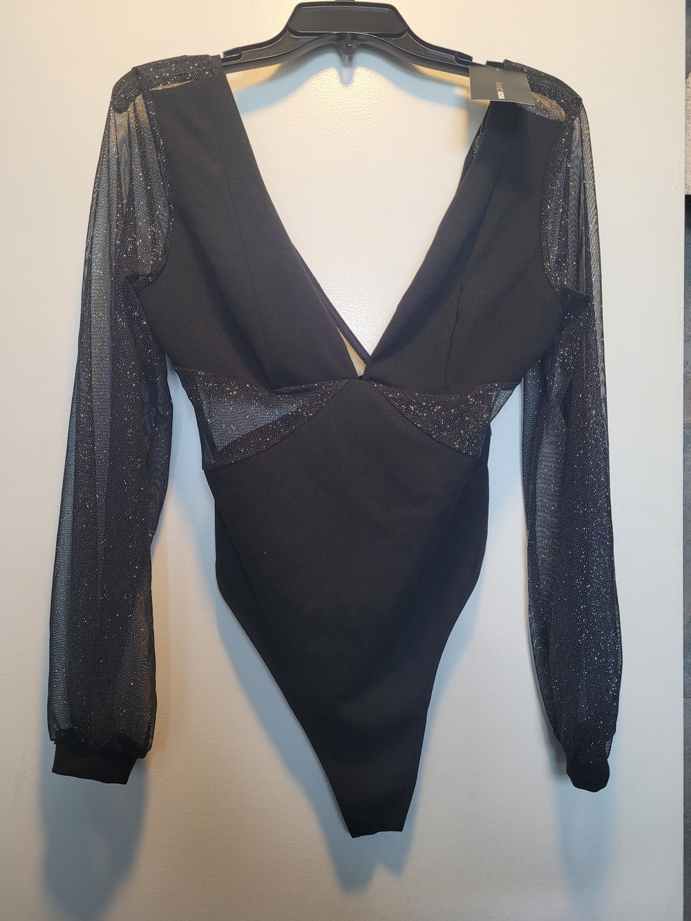 Black Glitter Mesh Sleeve V-Neck Bodysuit